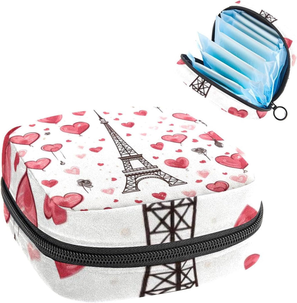 Eiffel Tower Love Heart Sanitary Napkin Storage Bag, Tampons Collect Holder Purse, First Period Kit for Girls Women, Pad Bag for Period for School
