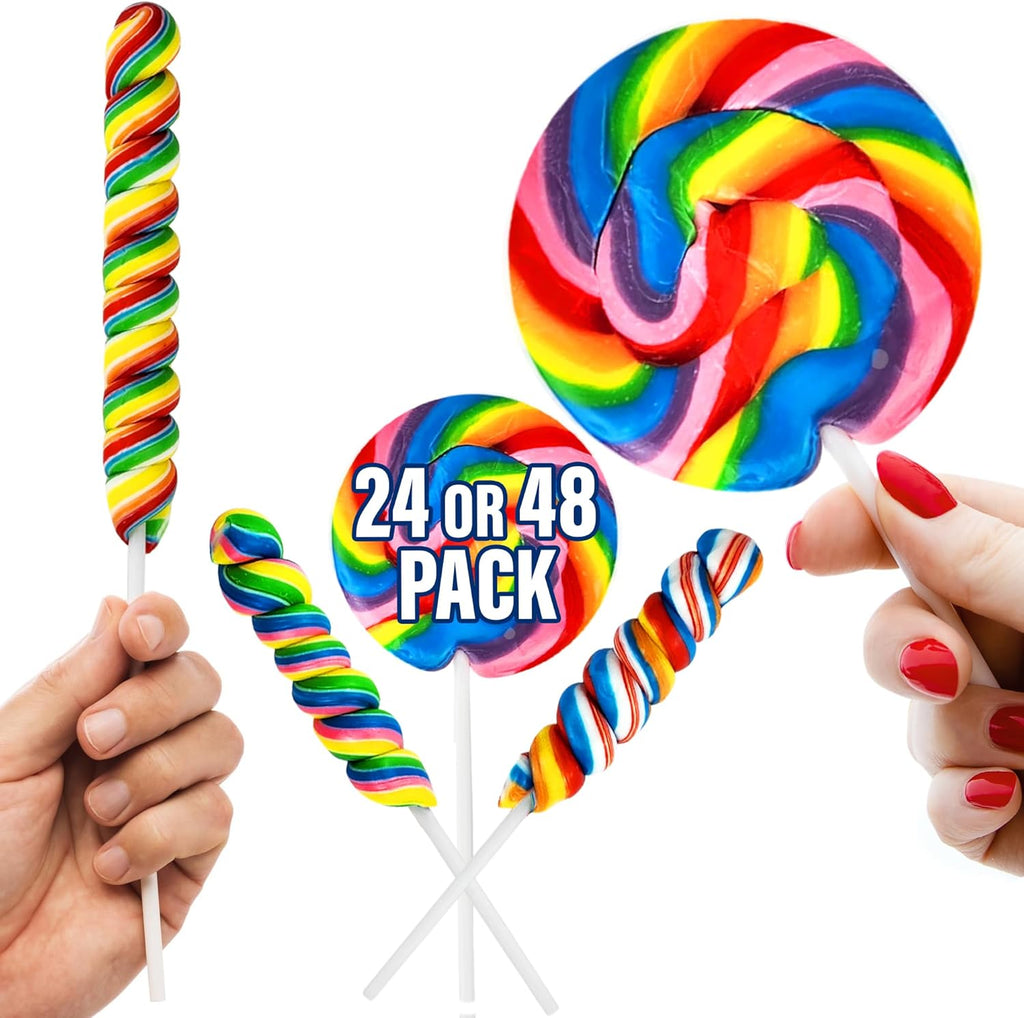 Bulk 48 Large Rainbow Lollipops -None Broken-Set of 24 Rainbow Swirl Suckers & 24 Twisty Unicorn Pops 3 Inch, Party Favors, Decorations, Carnival Lollipos (Unbreakable Secured Packing 48 Pieces)
