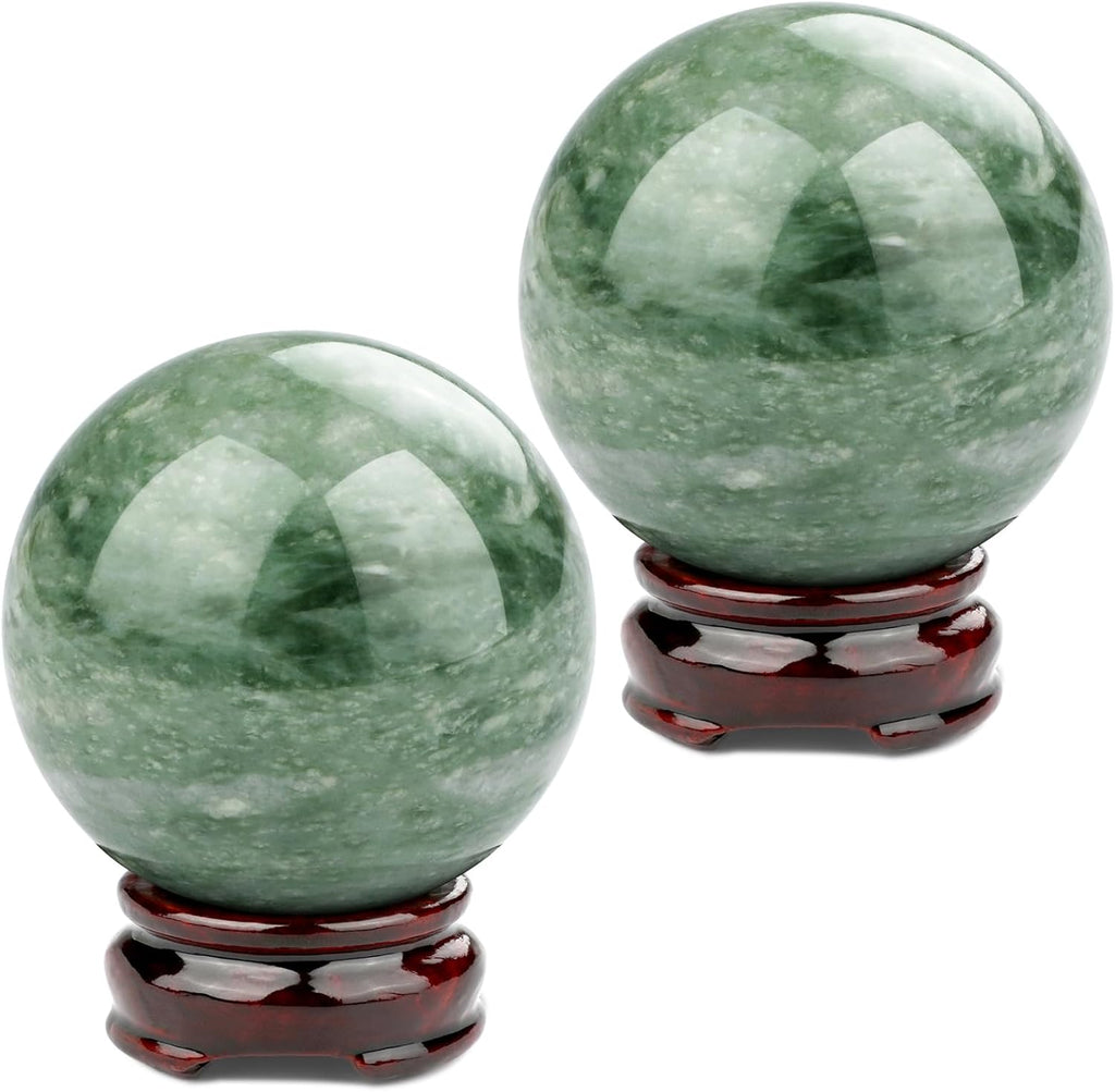 gemshan 2" Natural Jade Crystal Ball Set - Meditation Sphere, Feng Shui Decor, Collection & Home Ornament (2Pcs)