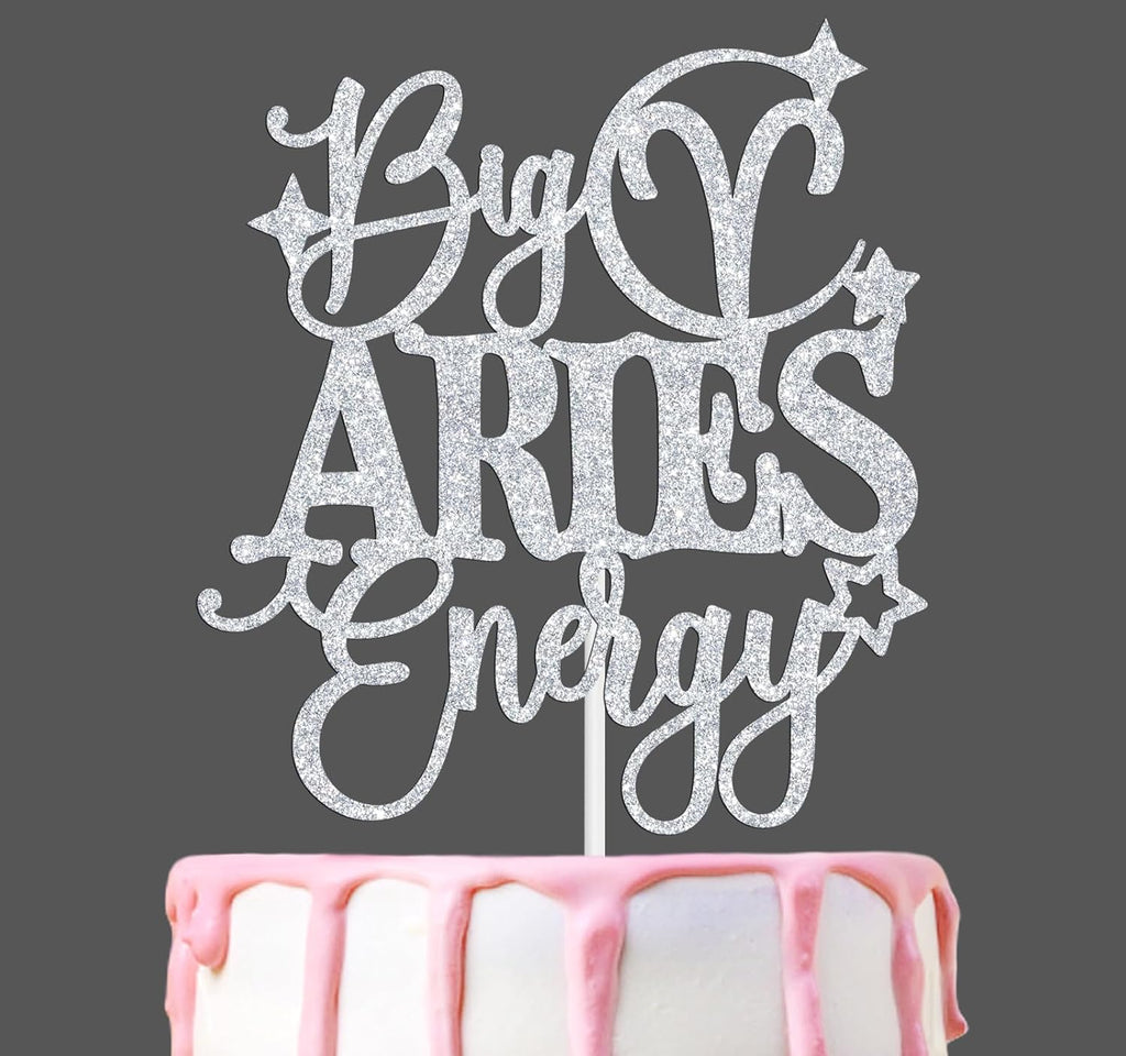 Big Aries Energy Cake Topper, Happy Birthday Aries in March/April, Aries Season, 12 Zodiac Constellation Theme Birthday Party Decoration Supplies, Silver Glitter