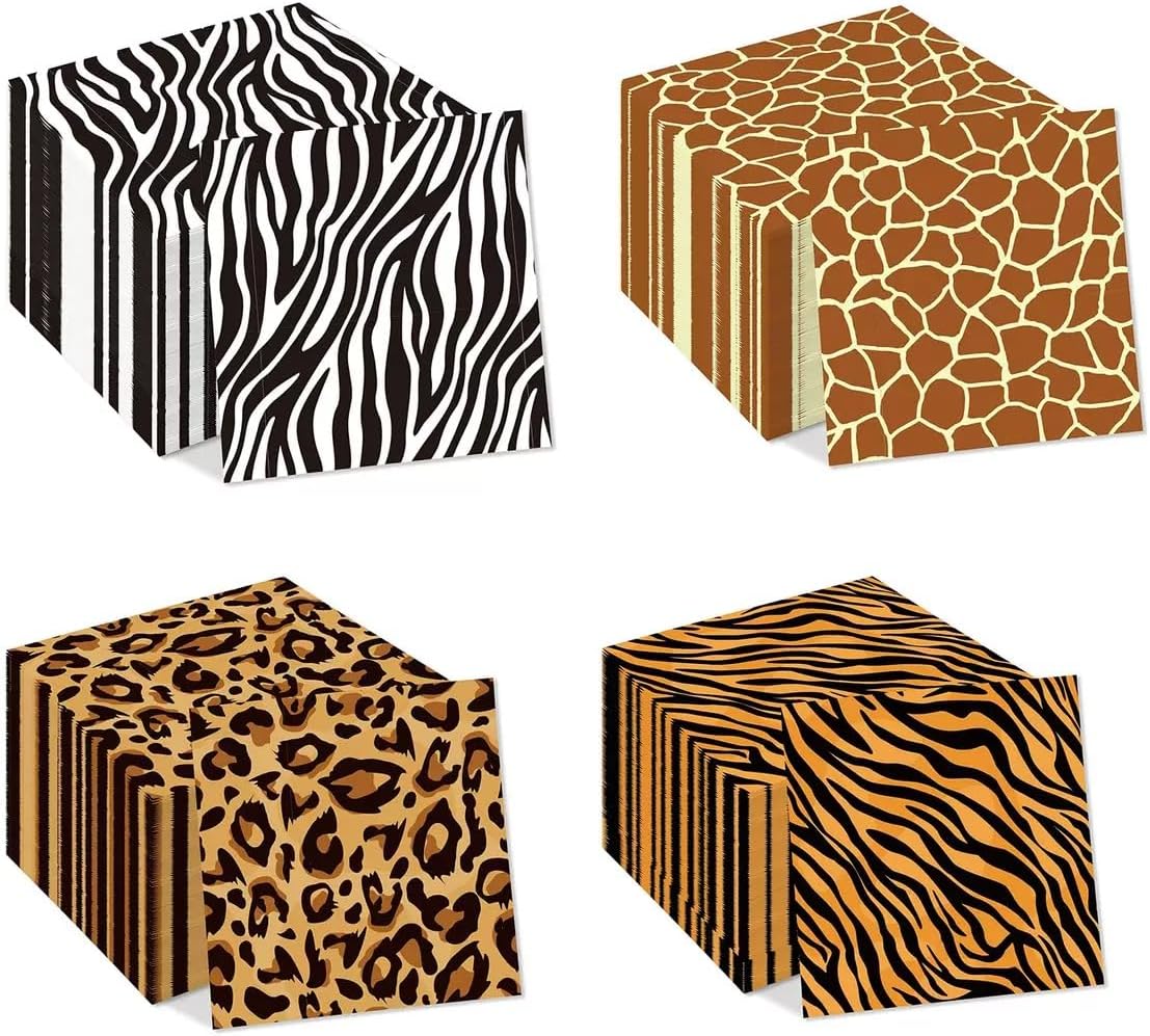 80PCS Animal Safari Napkins Jungle Animal Theme Paper Napkins Tiger Zebra Giraffe Leopard Print Napkins Cheetah Napkins Party Supplies for Jungle Safari Birthday Baby Showers