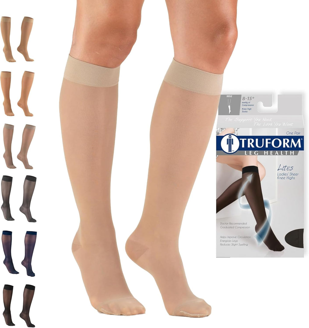 Truform Sheer Compression Stockings, 8-15 mmHg, Women's Knee High Length, 20 Denier, Nude, Large
