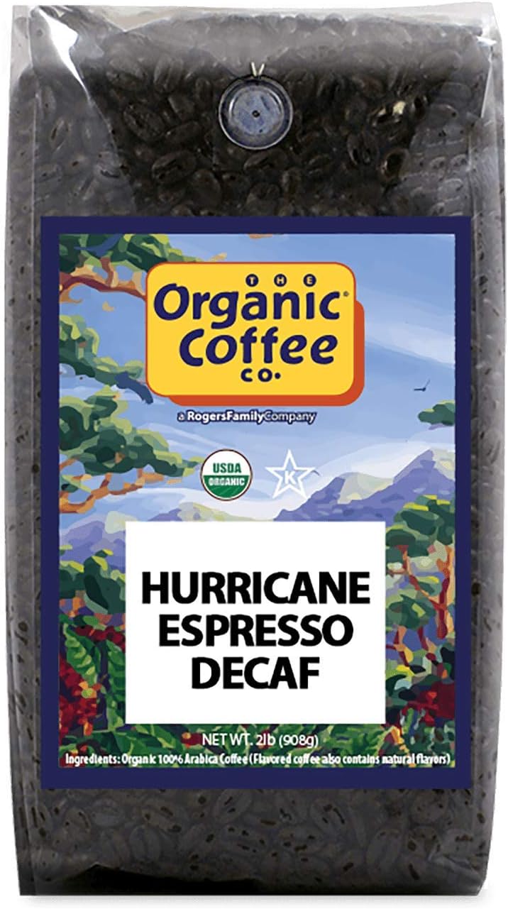 Organic Coffee Co. DECAF Hurricane Espresso Whole Bean Coffee 2LB (32 Ounce) Medium Dark Roast Natural Water Processed Decaffeinated USDA Organic