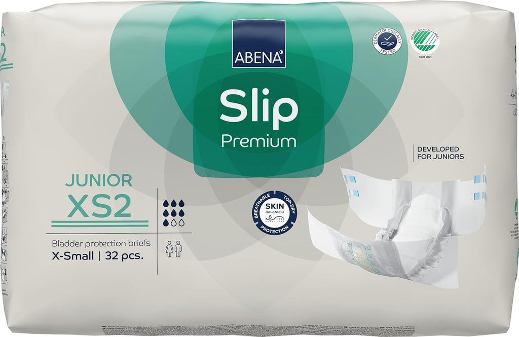 Abena Hypoallergenic Slip Junior Premium Incontinence Briefs, for Juniors Aged 5-15, Eco-Labeled, Level 2, 32 Count