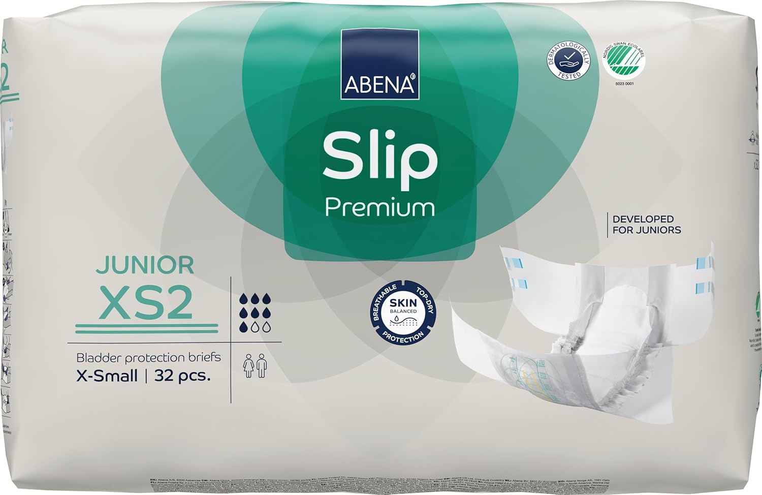 Abena Hypoallergenic Slip Junior Premium Incontinence Briefs, for Juniors Aged 5-15, Eco-Labeled, Level 2, 128 Count