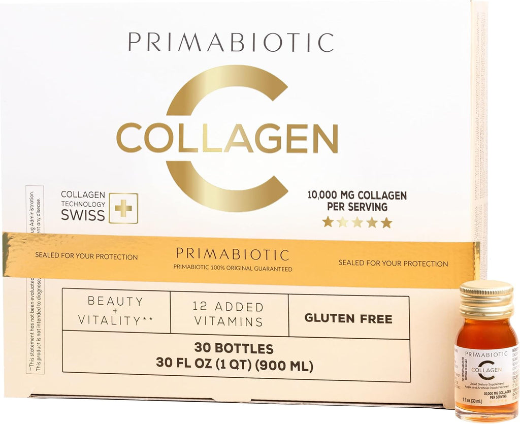 PRIMABIOTIC Liquid Collagen Beauty - 10000 mg per Serving - Hydrolyzed Collagen + 12 Vitamins – Gluten Free – Pack of 30 x 1 fl oz (30 mL) Bottles