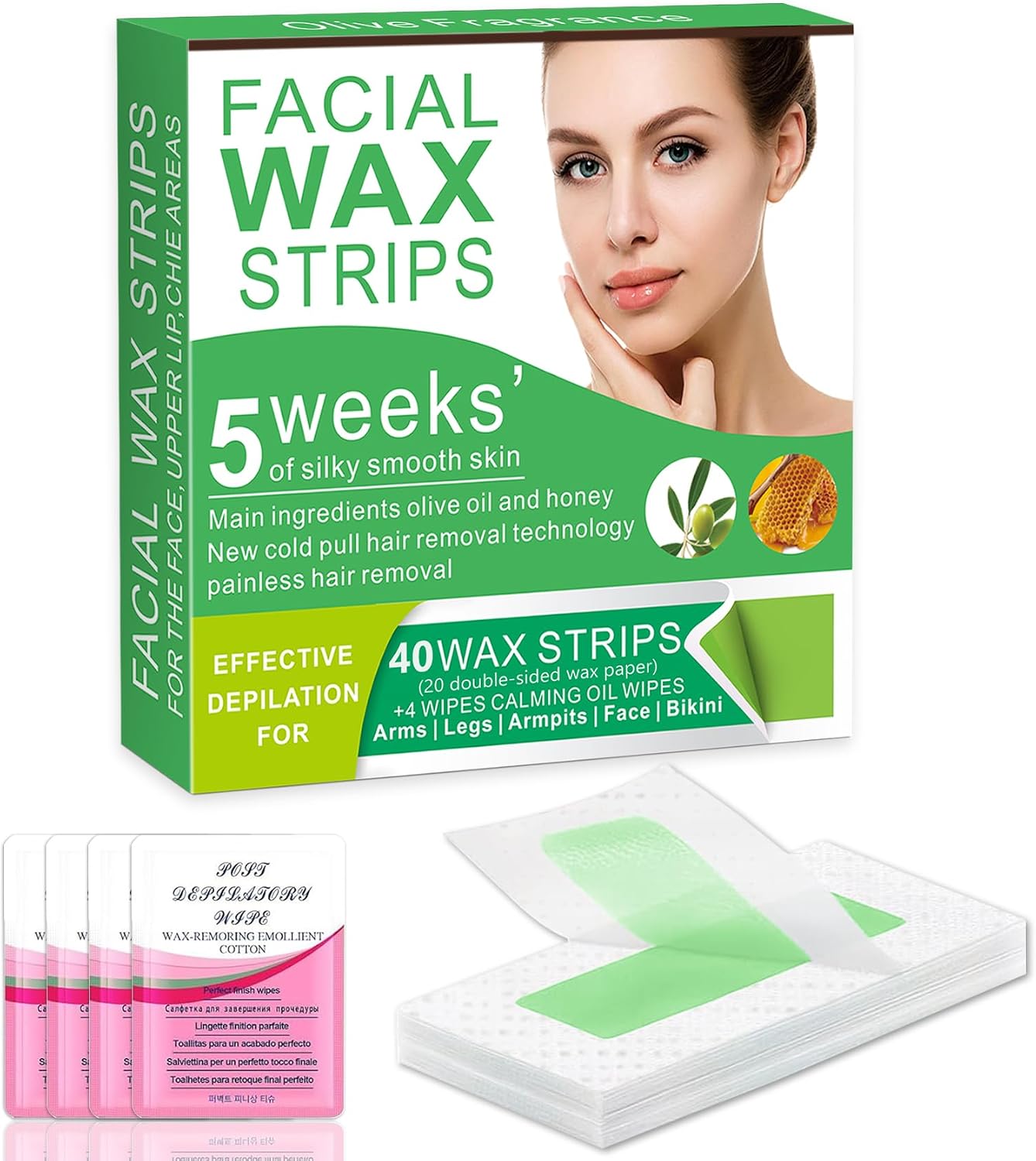 Facial Wax Strips for Women – 98% Natural Formula, Hypoallergenic for Sensitive Skin – Face Wax Strip for Hair Removal, Gentle & Quick Eyebrow Wax Strips for Upper Lip, Chin, Legs & Bikini Line