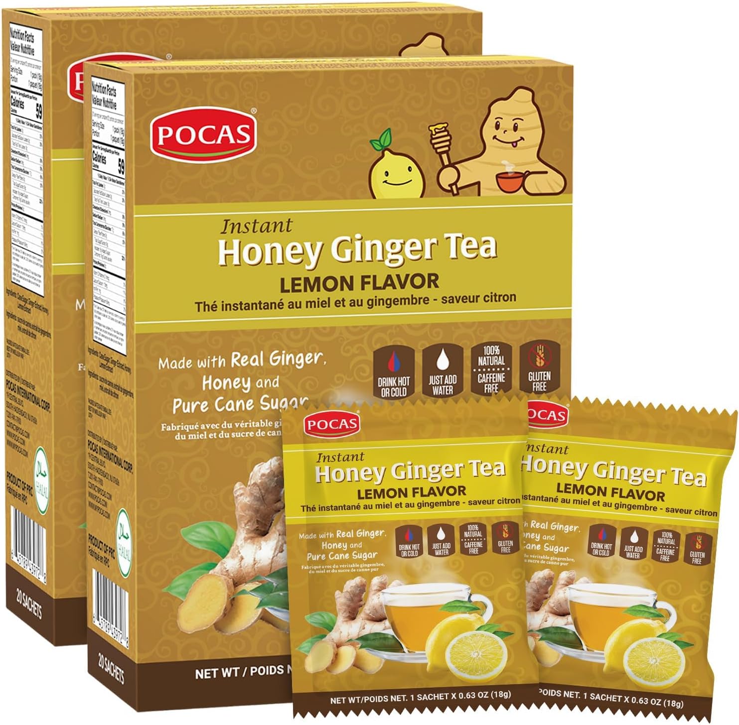 Pocas Honey Ginger Tea - Instant Tea Powder Packets with Lemon & Ginger Honey Crystals, 20 Count (Pack of 2)