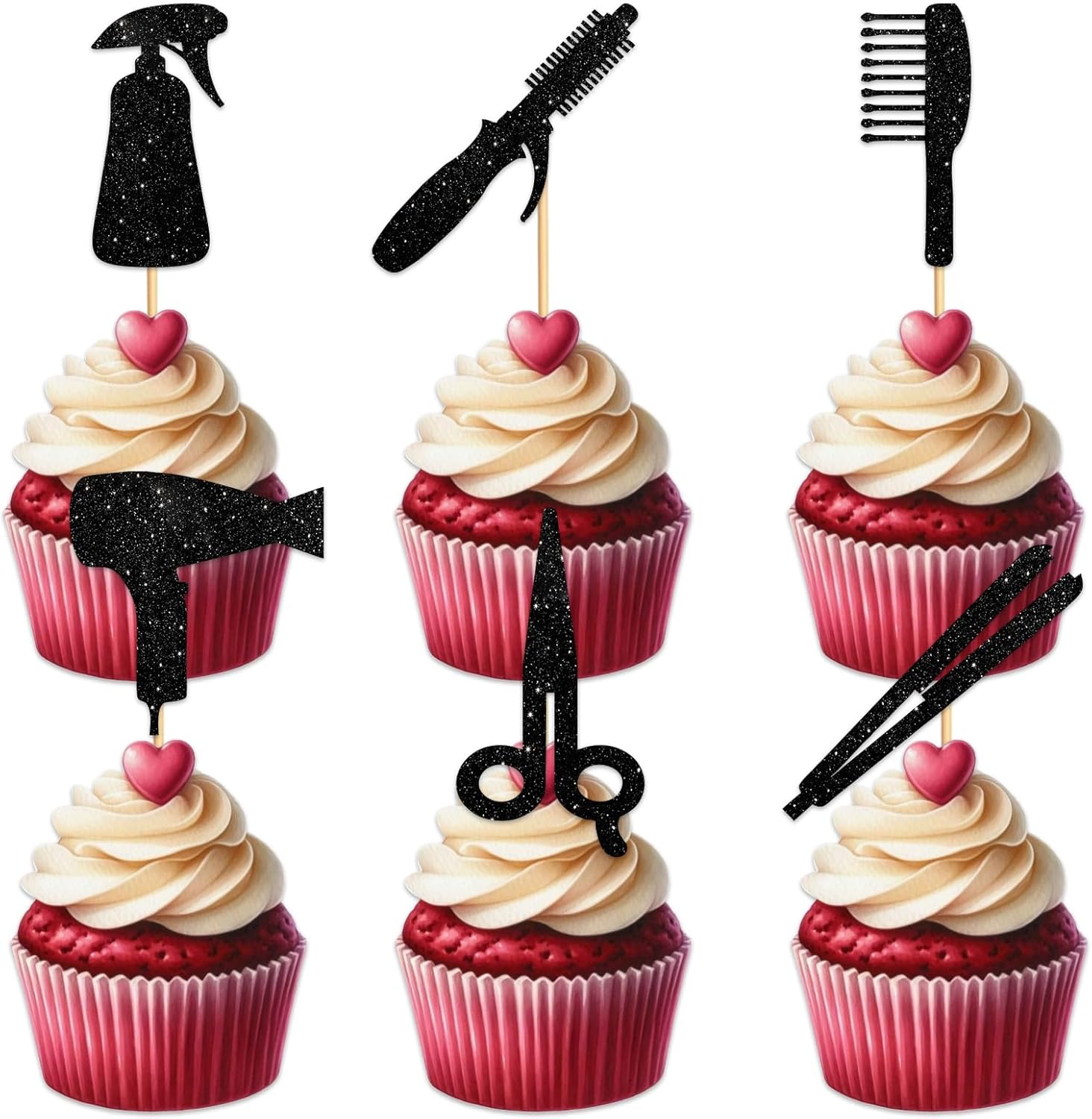 W Hair Cutting Equipment Cupcake Topper for Hairstylist Theme Party Favors Decorations Cheer to Men Women Happy Birthday Party Decor Supplies set 18pcs Black Glitter