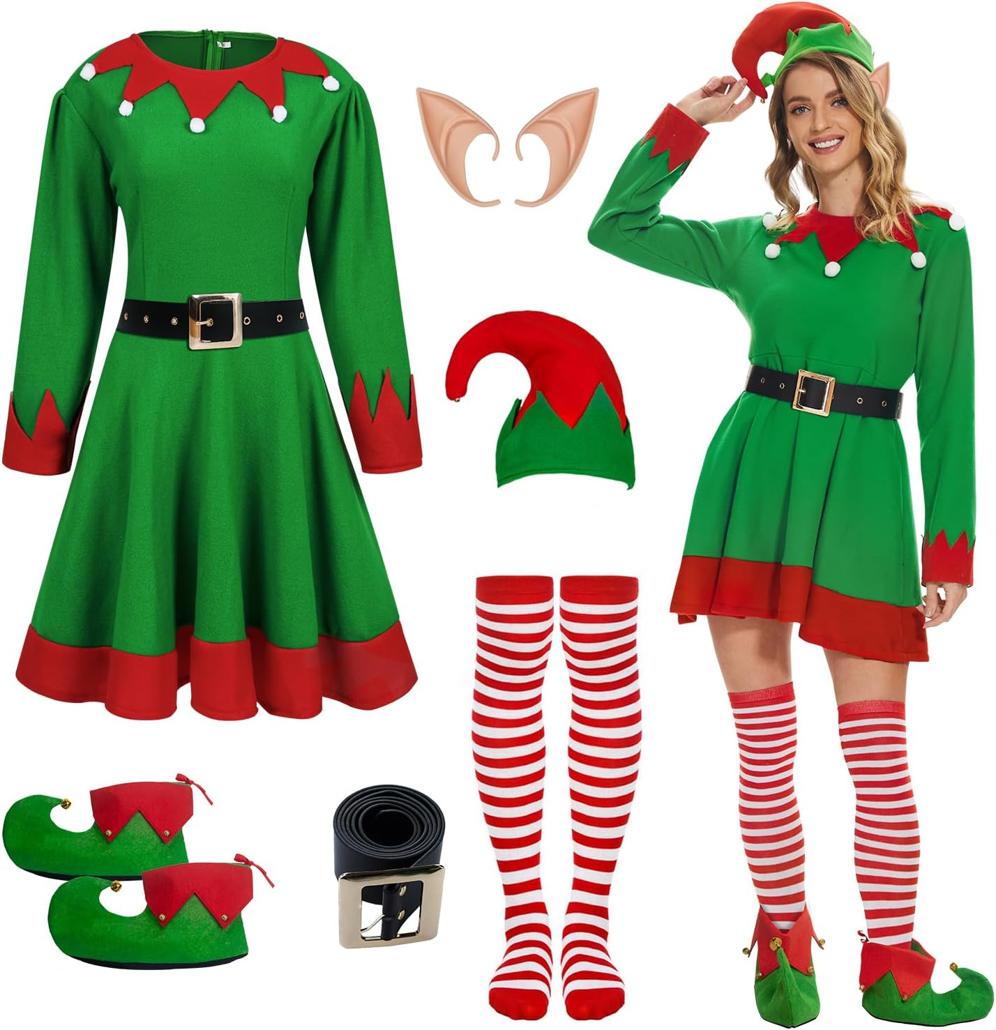 6Pcs Womens Christmas Elf Costume Adult Santa Helper Costume Christmas Dress Accessory for Xmas Fancy Outfit Party