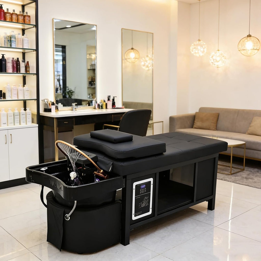 Head Spa Bed, Japanese Head Spa, Shampoo Bed, with Water Circulation & Fumigation Therapy, Scalp Care Massage Table for Barbershop, Salon Station, Massage Parlor (All Black)