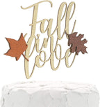 Cake Topper - Fall in love - Double Sided gold glitter with fall colors leaves - Premium quality Made in USA