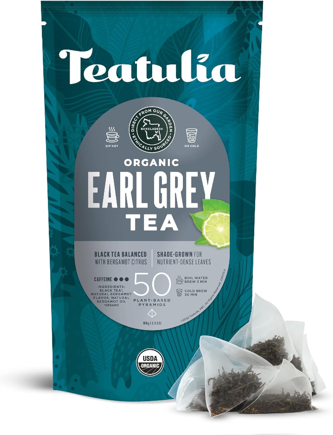 Teatulia Organic Earl Grey Tea Bags (50 Pyramid Sachet Teabags) Whole Leaf Flower 100% Compostable Black Tea + Bergamot Citrus Sustainably Grown In Bangladesh