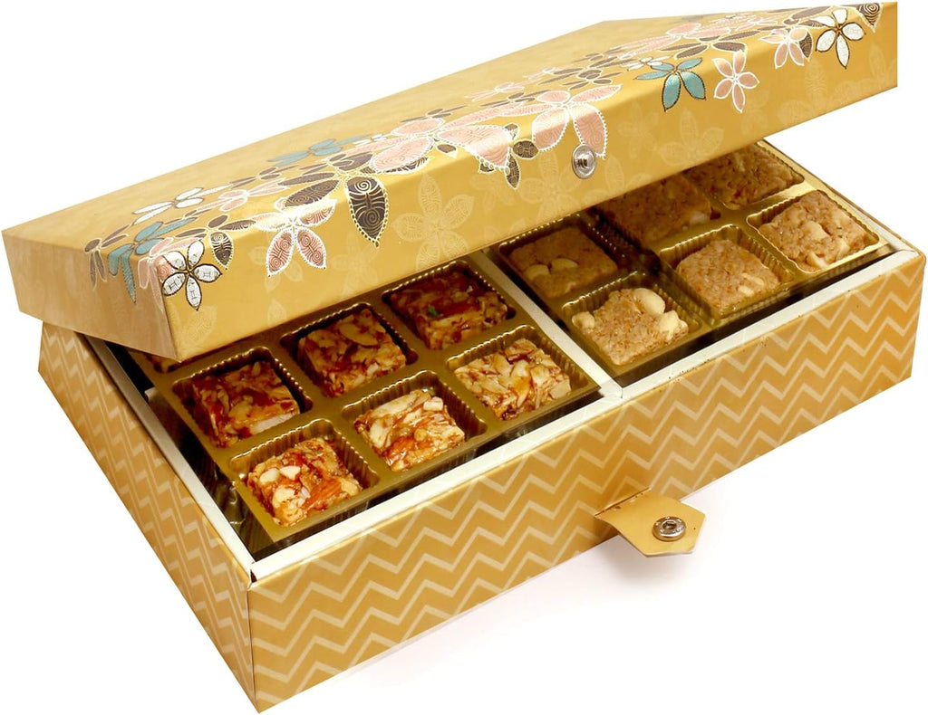 Ghasitaram Gifts Indian Sweets - Mother's Day Gifts - Healthy Hampers Gold 4 Print 12 Pcs Roasted Almond and 12 pcs Granola Bites Box