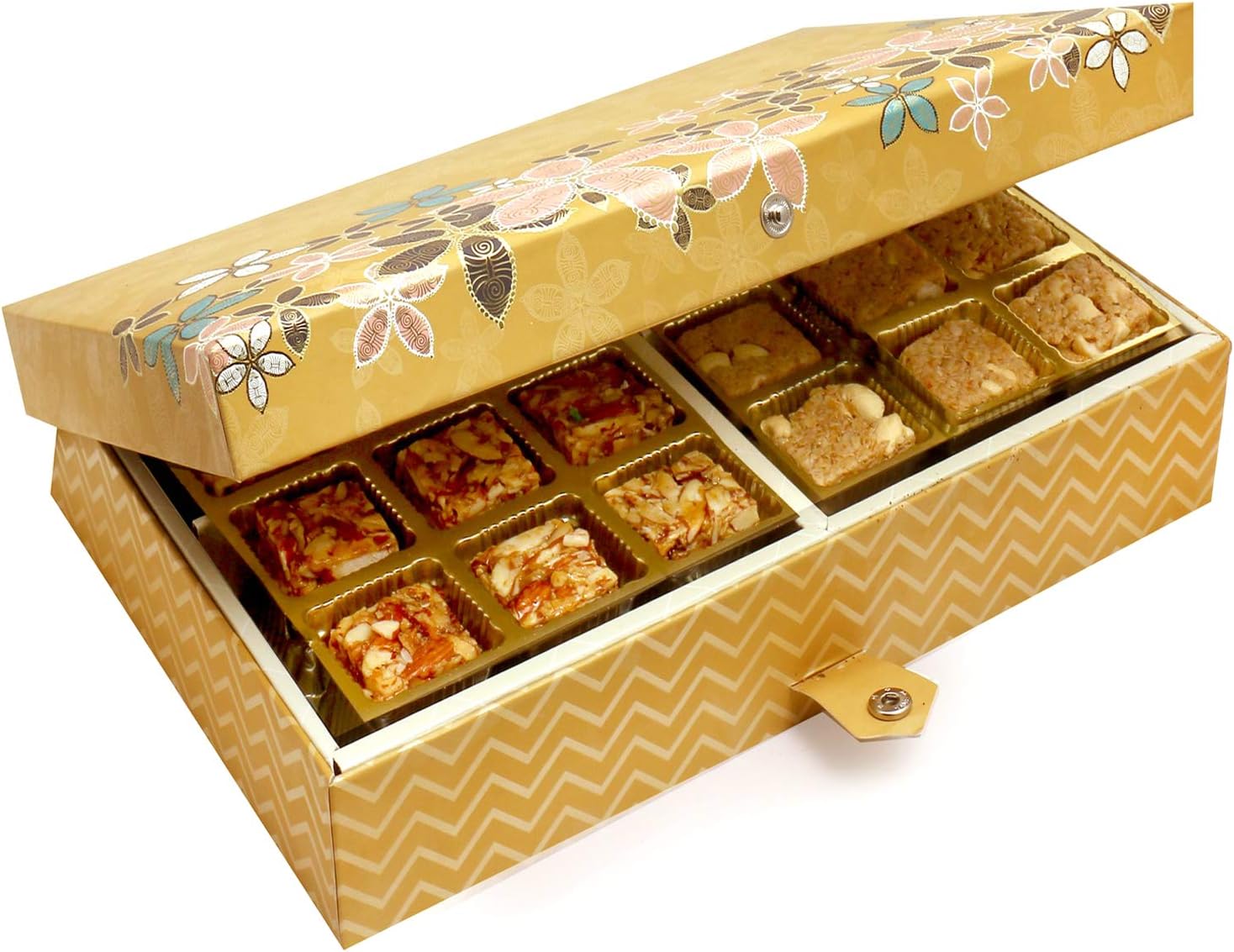 Ghasitaram Gifts Indian Sweets - Mother's Day Gifts - Healthy Hampers Gold 4 Print 12 Pcs Roasted Almond and 12 pcs Granola Bites Box
