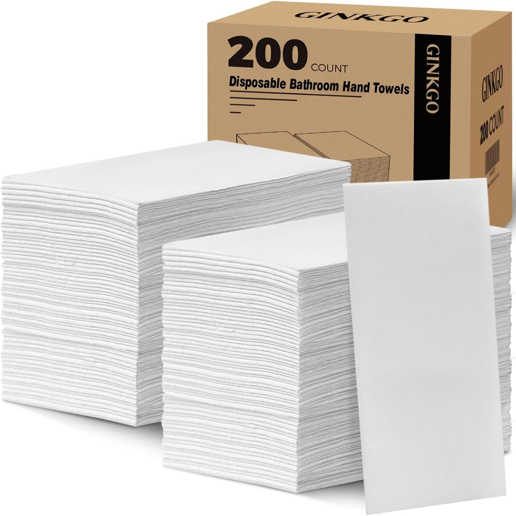GINKGO 200 Pack Disposable Linen-Feel Guest Hand Towels, Thick & Absorbent Paper Hand Napkins, Cloth-Like Bathroom Towels for Everyday, Wedding, Party & Kitchen – White