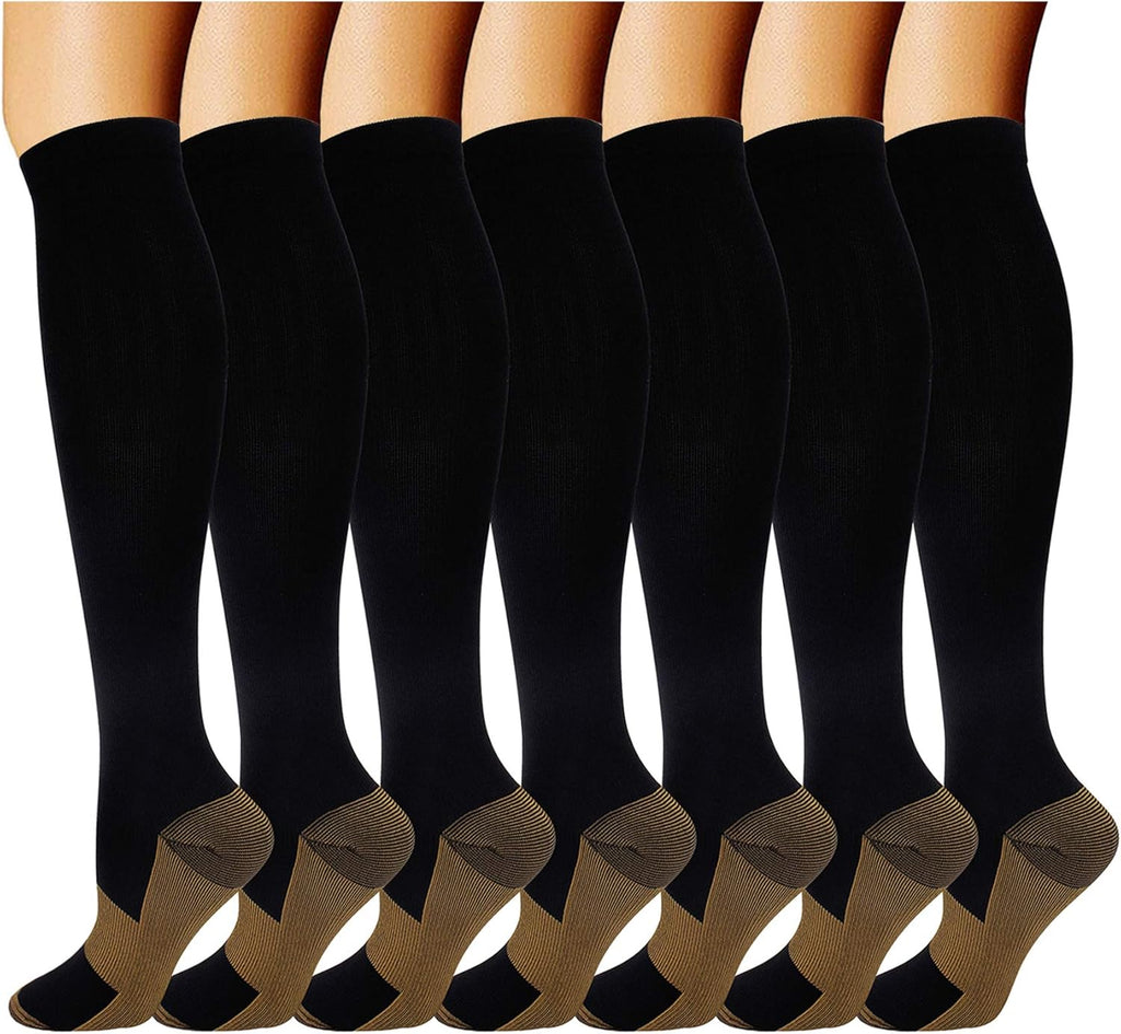 Double Couple 7 Pairs Copper Compression Socks for Men Women Knee High Stockings Support Socks for Sports