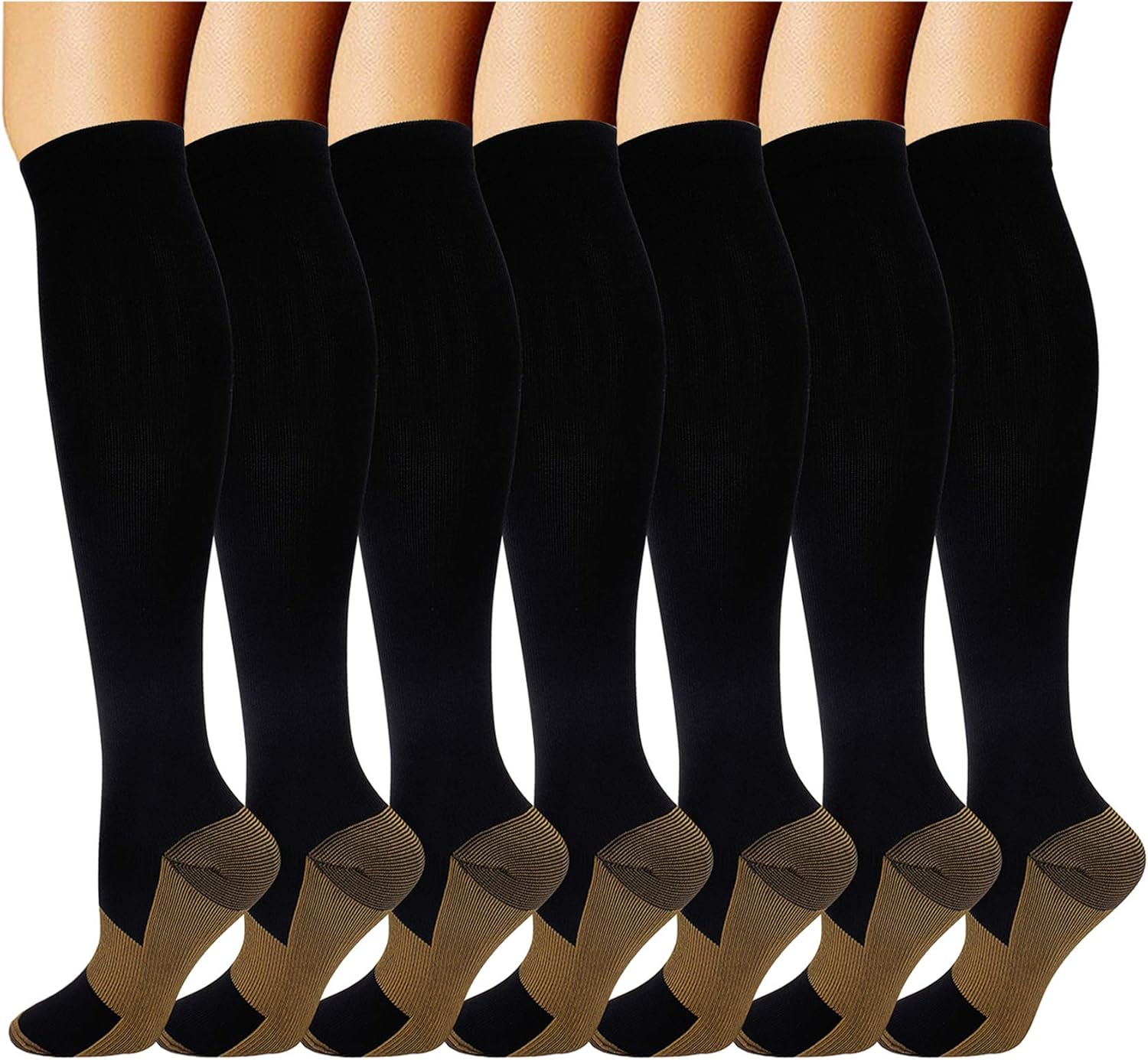 Double Couple 7 Pairs Copper Compression Socks for Men Women 20-30 mmHg Knee High Stockings