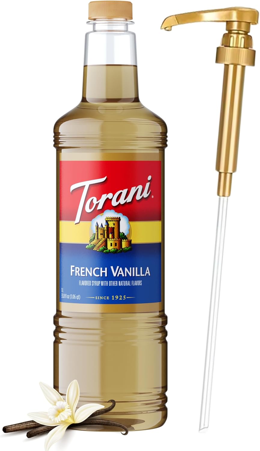 Torani French Vanilla Coffee Syrup 1 Liter Bottle with Pump Dispenser – Flavored Syrup with Pure Cane Sugar & Natural Ingredients – Perfect for Lattes, Teas, Cocktails & Desserts