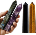 4Pcs 5.9 Inch Natural Crystal Obelisk Tower Set, Polished Hexagonal Point Wand, Obsidian Labradorite Amethyst Tiger's Eye Stone, Reiki Healing Crystal Obelisk Statue, Home Desktop Decor Spiritual Gift