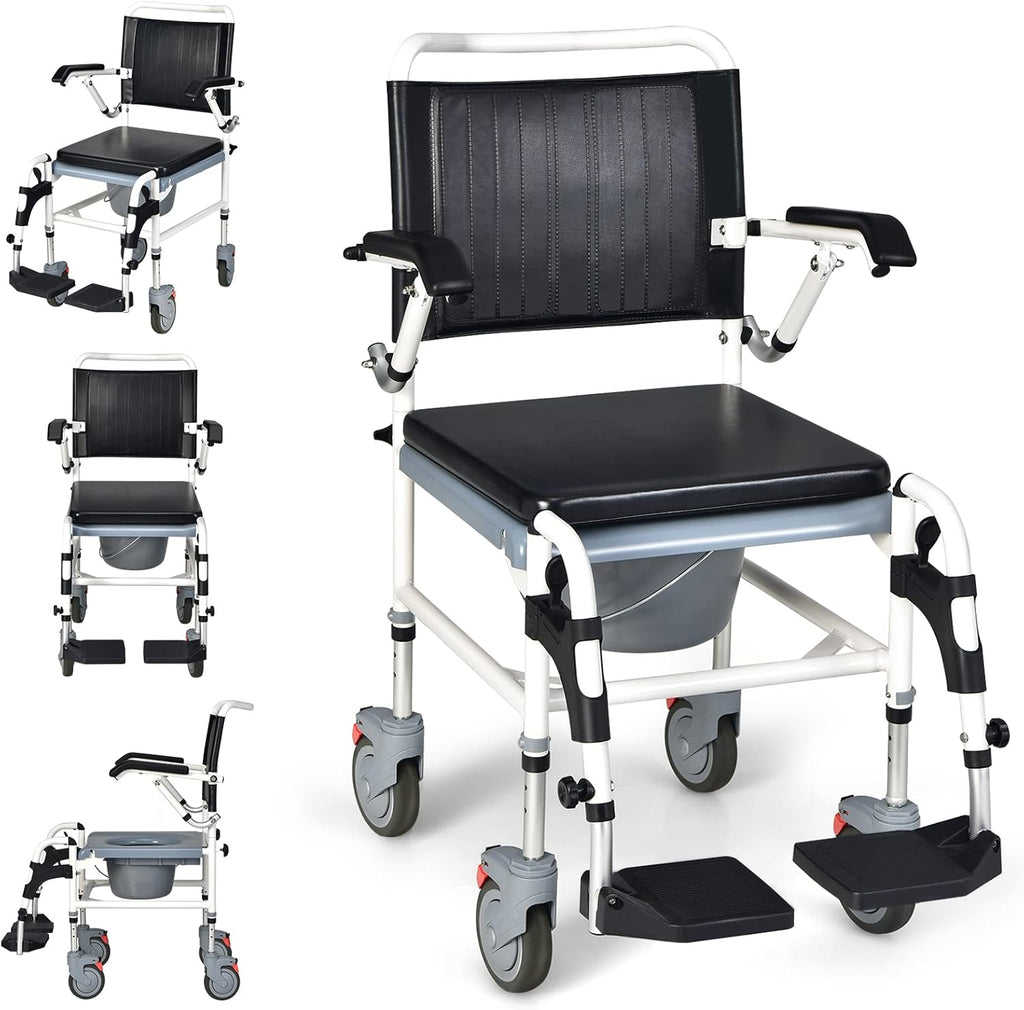 GYMAX 4-in-1 Bedside Commode, Shower Chair with Lockable Wheels, Height Adjustable Rolling Toilet Chair with Detachable Bucket, Portable Handicap Transport Wheelchair for Adult, Disabled, Elderly
