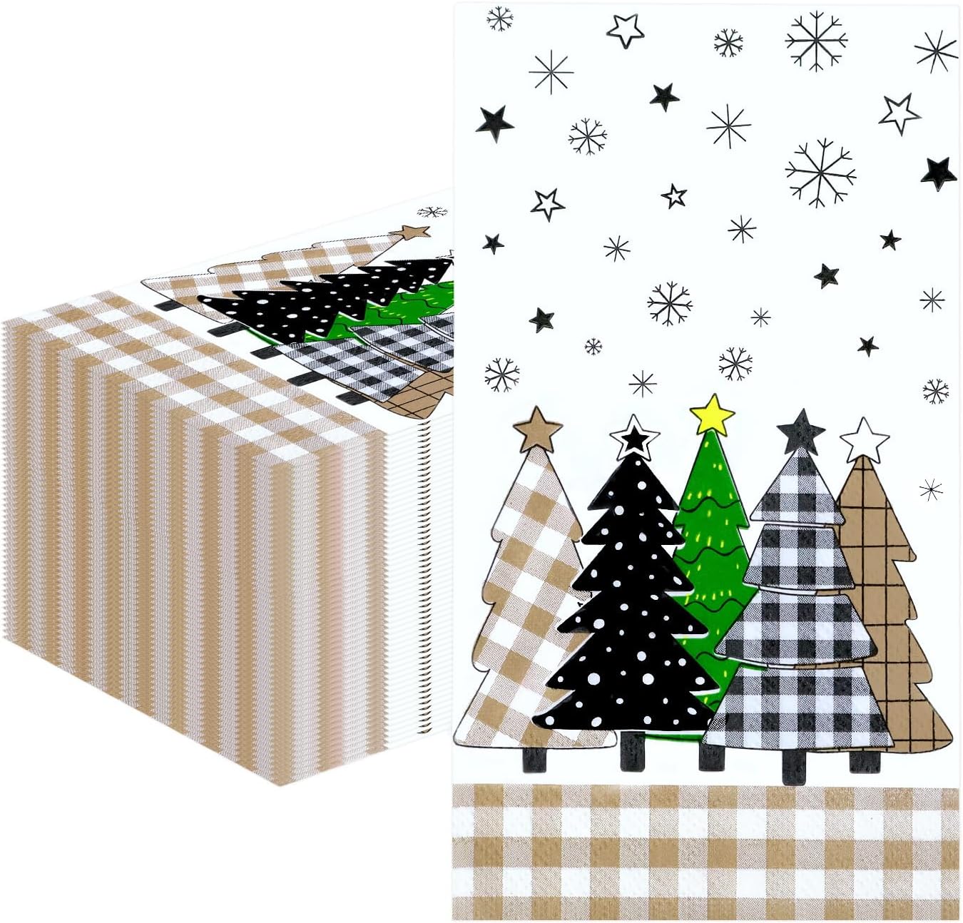 HEIPINIUYE 25 Pieces Christmas Tree Paper Napkins 3-ply Xmas Brown Buffalo Plaid Tree Guest Towels Disposable Hand Towels for Bathroom Winter Christmas Holiday Party Gingham Dinner Napkins