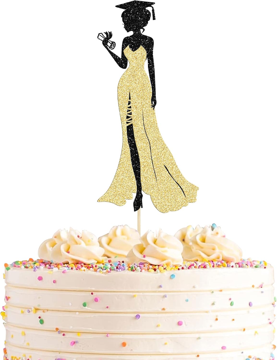 1Pc 2026 Graduation Cake Topper with Glitter Grad Cap Diploma High Heel Girl Graduation Cake Pick 2026 Senior Grad Cake Decorations Party Supplies Gold