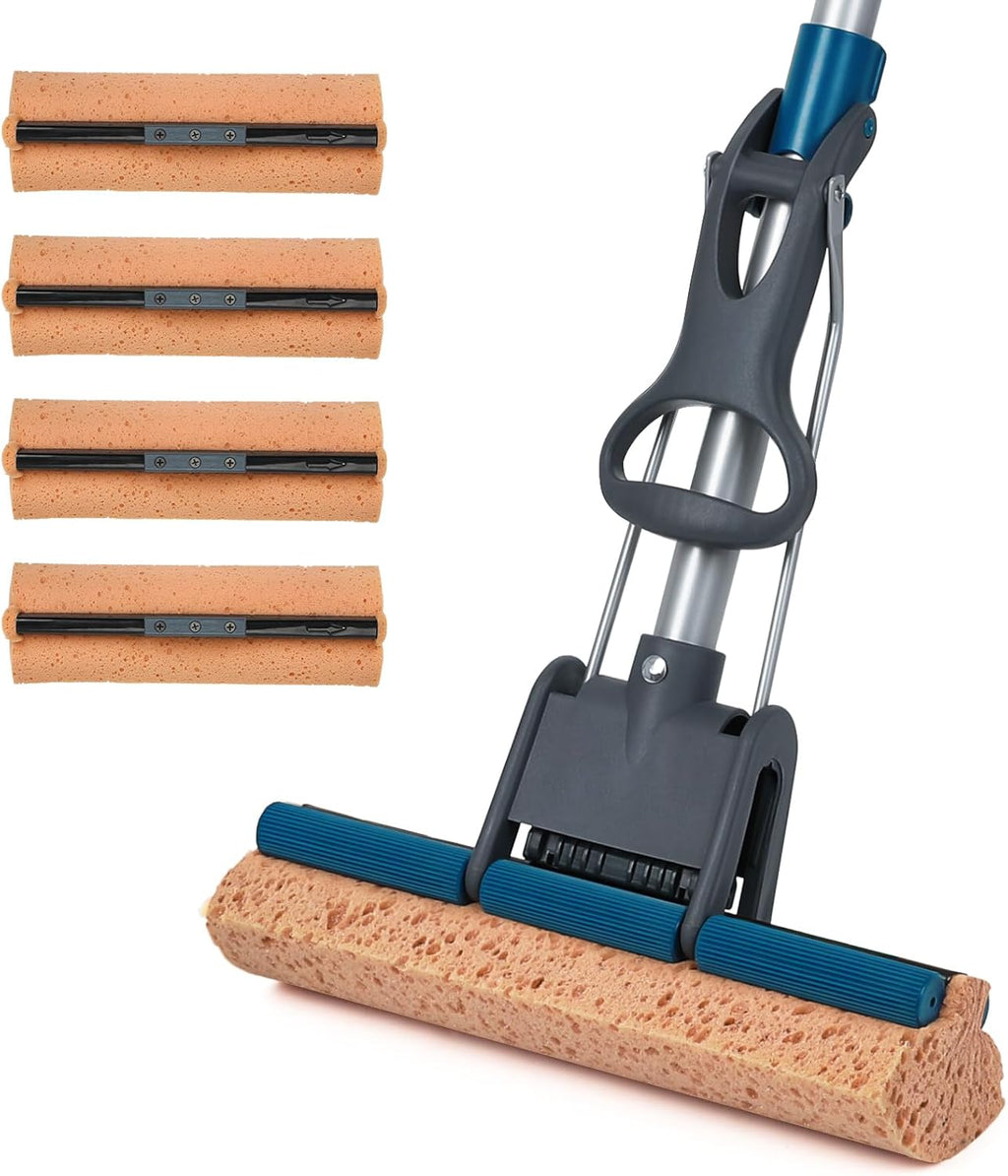 Sponge Mop for Floor Cleaning, 50" Heavy Duty Roller Mop with 4 Cellulose Refill Heads, Easy Self-Squeeze for Hardwood Tile Concrete, Wall Ceiling