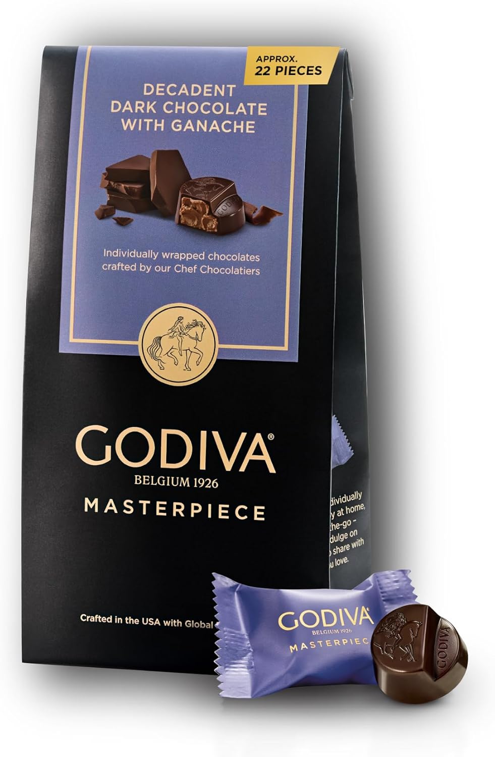 Godiva Masterpiece Dark Chocolate Bag, Individually Wrapped with Ganache Center, Gourmet Gift for Birthday, Holiday, Kosher, Halal, 7oz