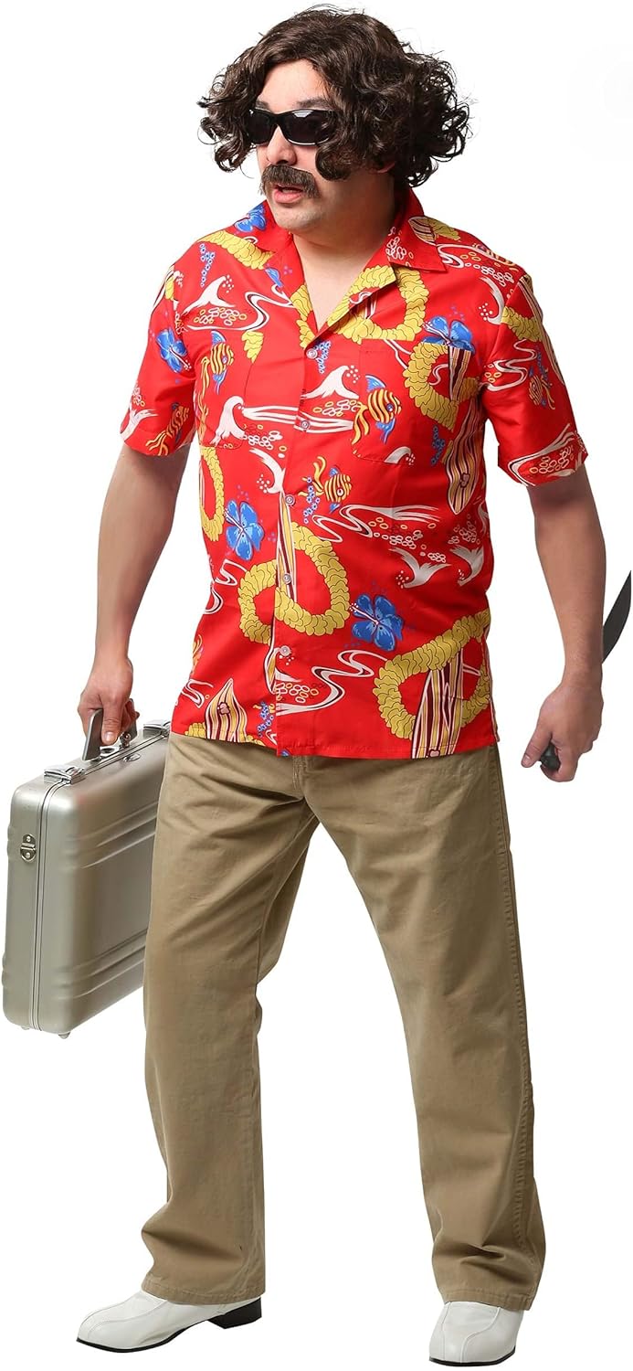 Fear and Loathing in Las Vegas Dr. Gonzo Plus Size Costume, Floral Shirt with Wig, Mustache, and Sunglasses