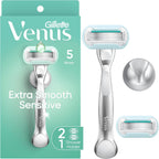 Gillette Venus Extra Smooth Sensitive Razor for Women, Includes 1 Reusable Razor Handle + 2 Refills, for Sensitive Skin with Metal Handle and Shower Holder