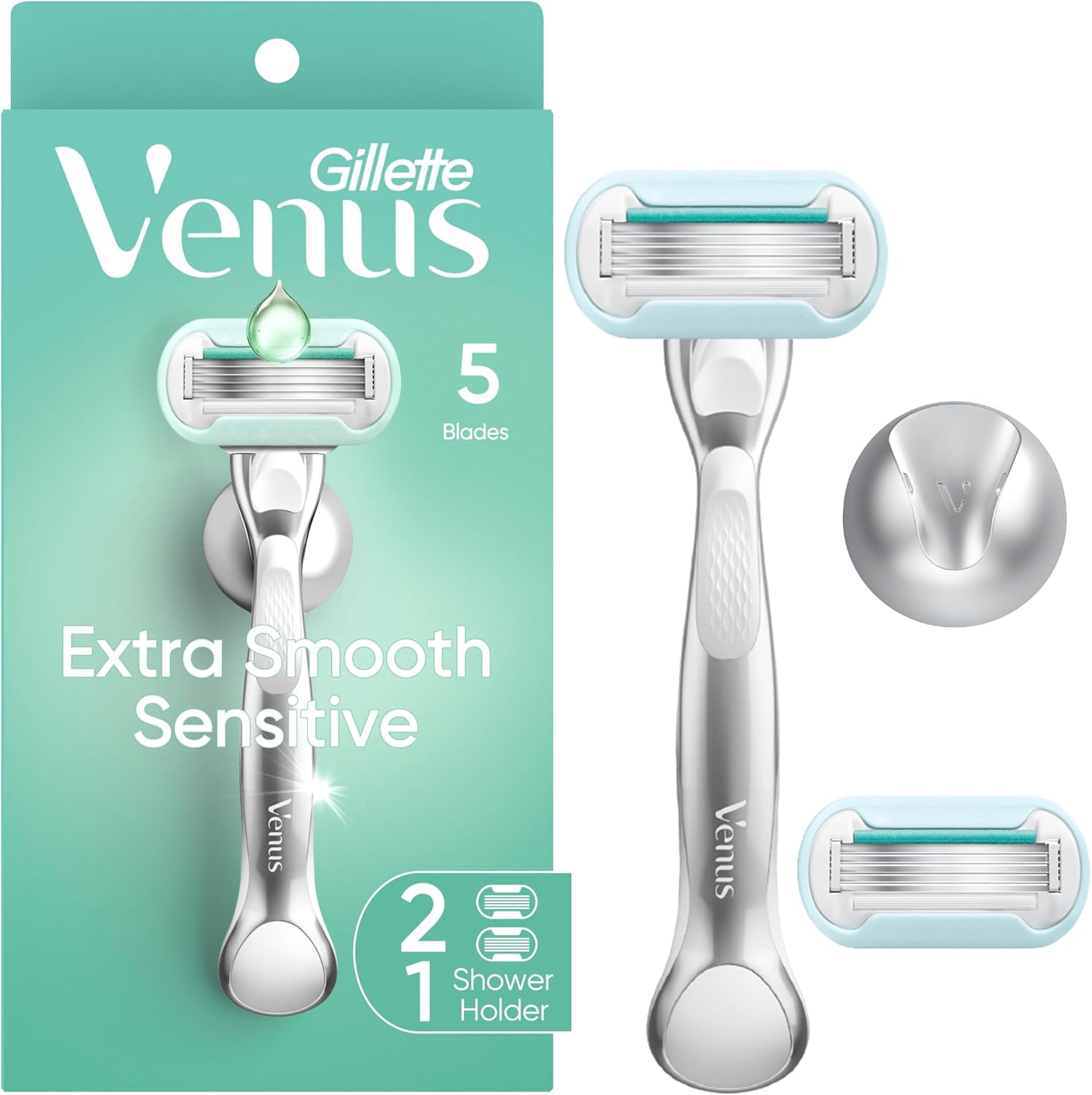 Gillette Venus Extra Smooth Sensitive Razor for Women, Includes 1 Reusable Razor Handle + 2 Refills, for Sensitive Skin with Metal Handle and Shower Holder