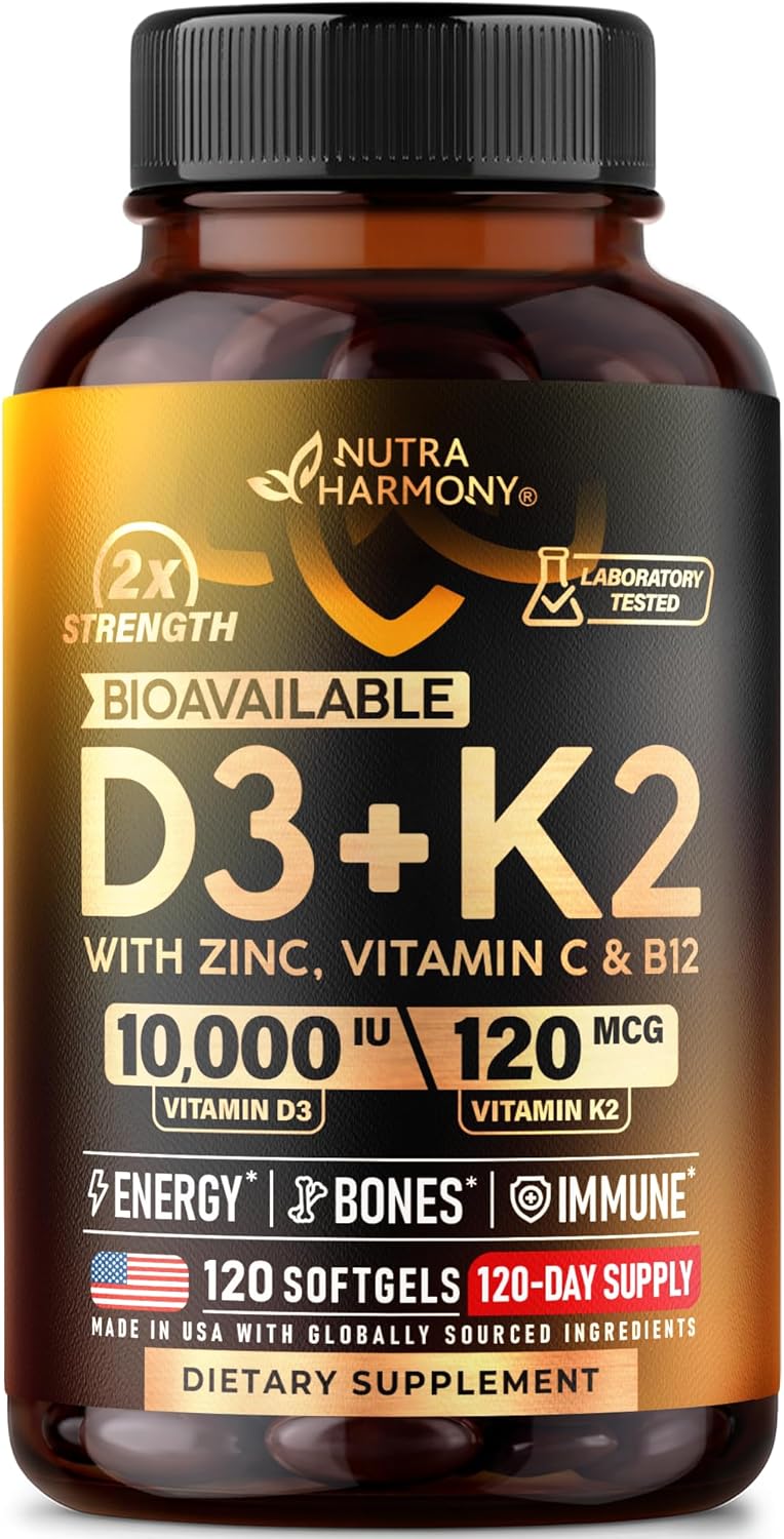 Vitamin D3 K2 - Vitamin D3 10000 iu & K2 120 mcg - Immune & Mood Support, for Bone & Teeth Health - with Zinc, Vitamin C & B12 - Highly Bioavailable - For Men & Women - Made in USA, 120 Softgels