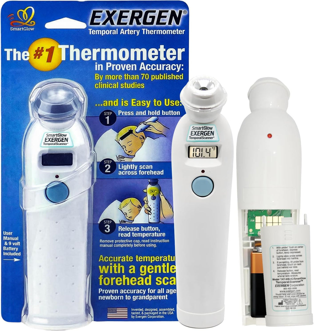 Exergen TAT-2000C Temporal Artery Thermometer – Temporal Thermometer for Kids, Newborns & Adults, Soft Glow Display, Silent Mode, 9V Battery Included