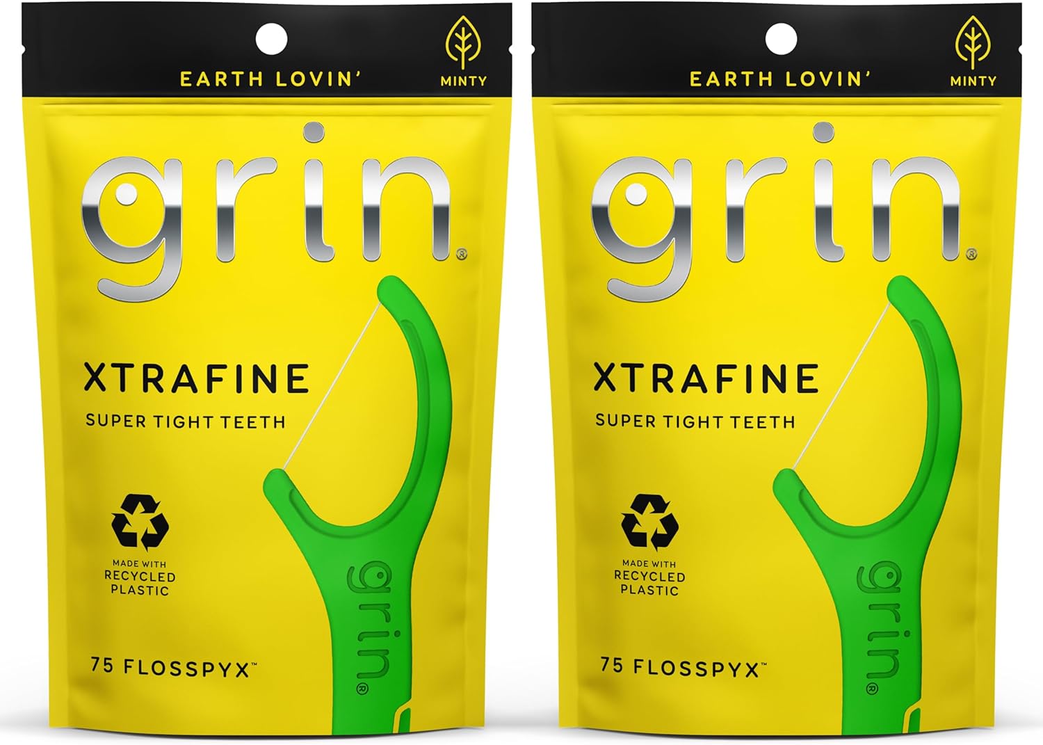 GRIN XtraFine Flosspyx, Floss Picks, 75 Count, Dental Flossers, Minty Flavor, Recycled Plastic, for Super Tight Teeth, Longer Floss Head, Slide Between Teeth, Includes Safe Soft Fold-Back Tooth Pick