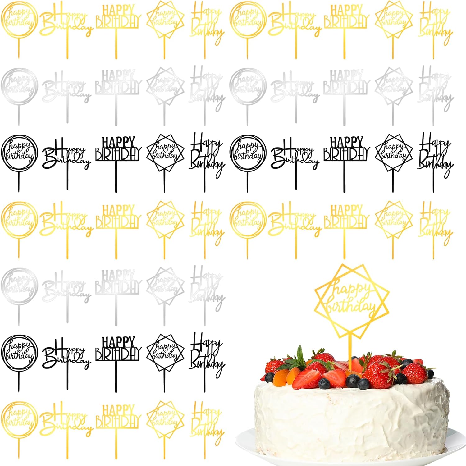 150pcs Gold Happy Birthday Cake Toppers Bulk Mirror Acrylic Cupcake Topper Double-Sided Dessert Decorations for Girls Women's Happy Birthday Sign for Cake Side Cupcake Decorations Party Supplies