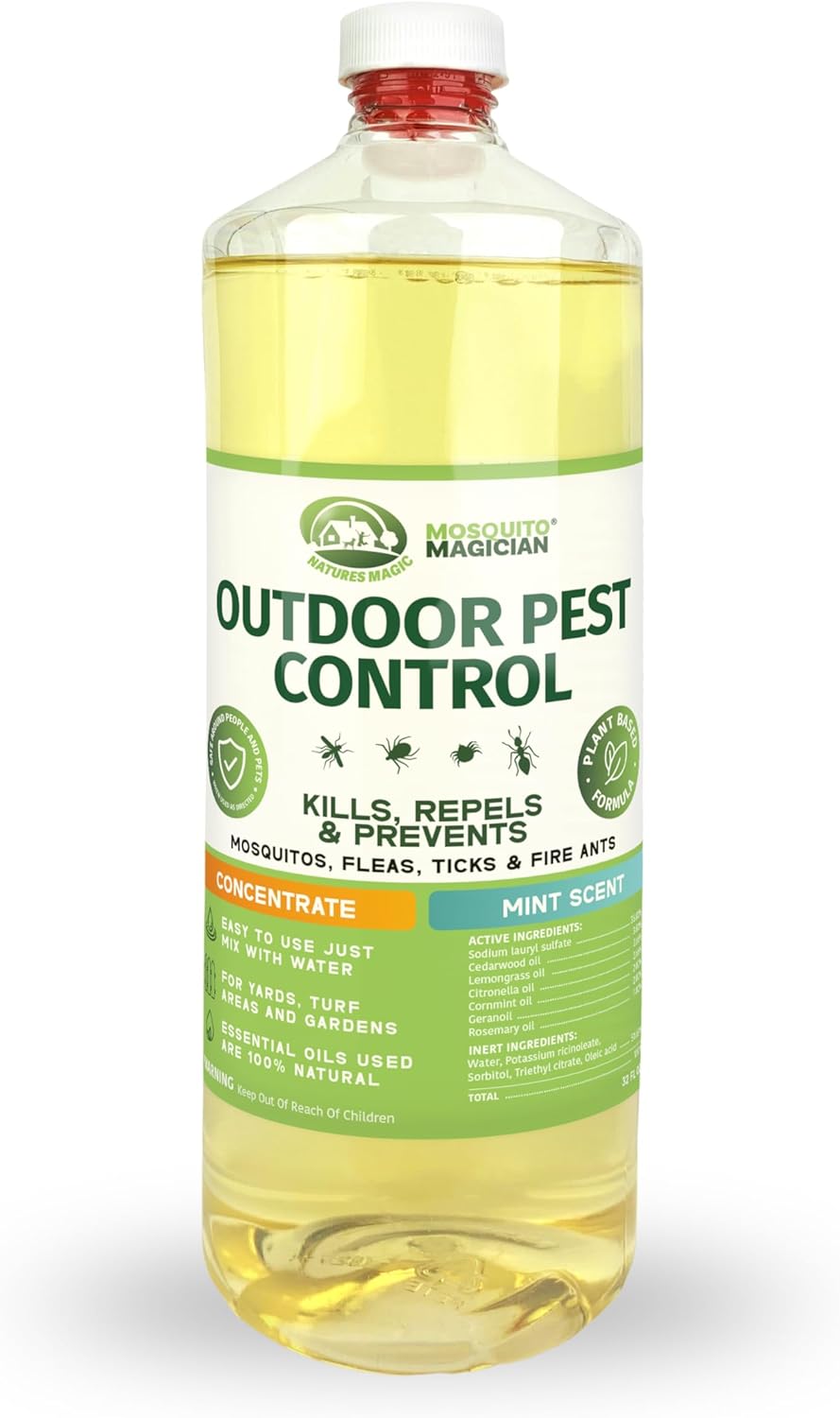Mosquito Magician Liquid Concentrate - Kills Mosquitoes, Fleas, & Fire Ants, Use with Pump or Backpack Sprayers, Foggers, or Automatic Misting Machines, Ideal for Yards, Lawns, Patios, 32 OZ - Mint