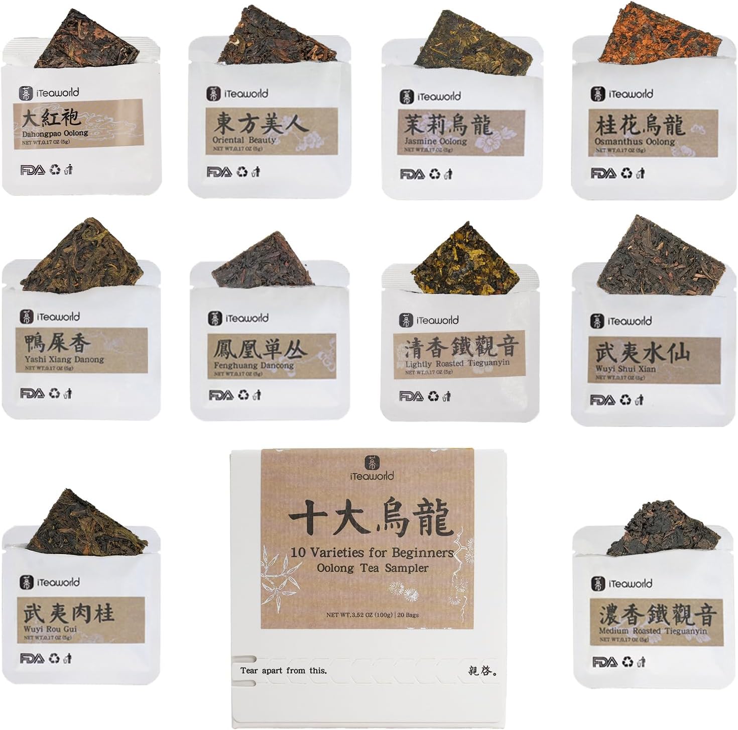 iTeaworld Chinese Tea Collection – Top 10 Classic Oolong Tea Sampler, Chinese Loose Leaf Tea Sampler, 10 Classic Oolong Varieties, No Sugar or Additives, Boxed Beginner Tea Gift Set, 20 Individually Wrapped Mini Tea Cakes, 5g/Piece, 3.52oz