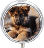 Round Pill Box German Shepherd Puppy Pill Case 3 Compartment Medicine Pill Organizer for Purse & Pocket Portable Travel Pillbox Medicine Vitamin Cod Liver Oil Storage Box Organizer