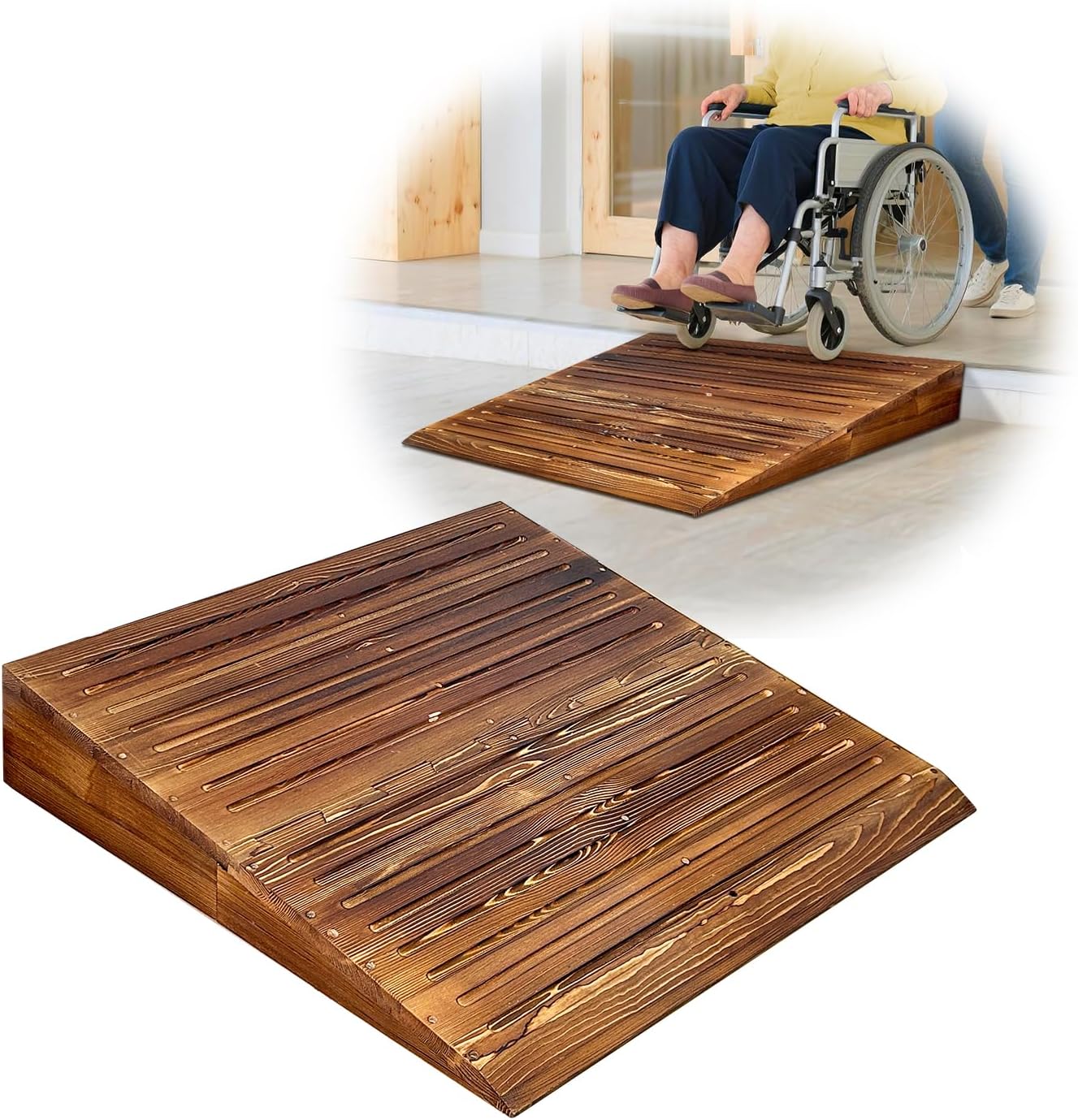 Wooden Threshold Ramps for Doorways, Wheelchair 5 inch Rise Portable Stair Ramps for Walker, Scooter, Handicap Elderly One Step Threshold Ramp Anti Slip for Home, Front Door, Shed Entry, Porch