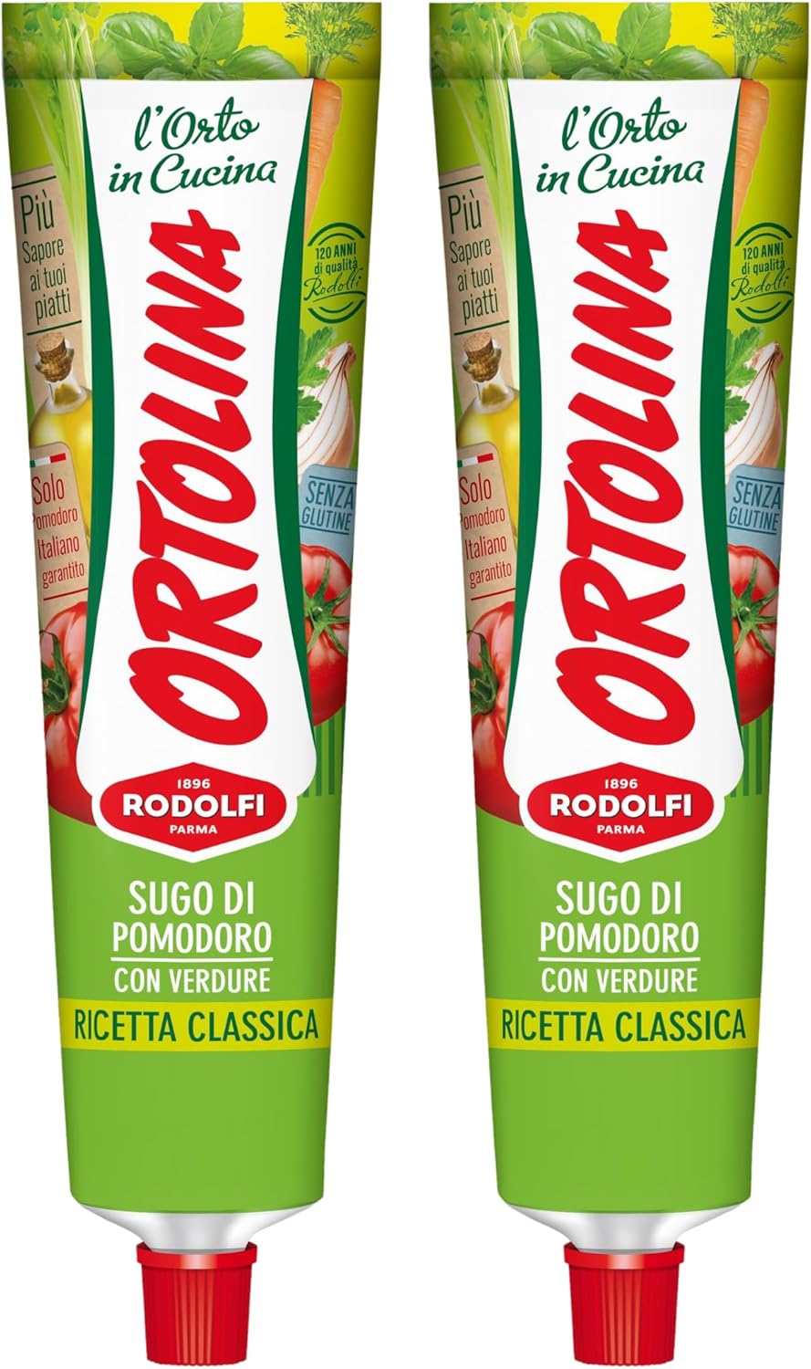 Tomato Paste Tube "Ortolina" Rodolfi Sauce, 130 gr (4.5 Oz) - Pack of 2, Authentic Italian Product with Fresh Tomatoes and Vegetables, Imported from Italy, Additive-free