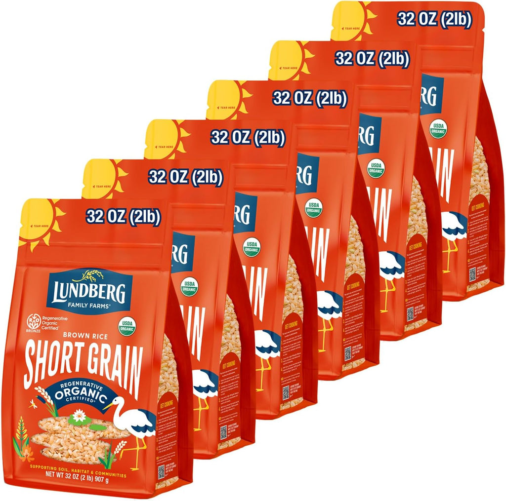 Lundberg Short Grain Brown Rice, Regenerative Organic Certified, 6-Pack – Slightly Nutty, Sticky Rice Responsibly Grown in California, 32 Oz Ea