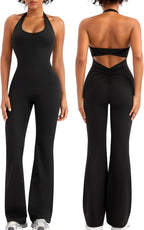 Relety Womens Flare Jumpsuits One Piece Halter Neck Twist Back Sleeveless Butt Scrunch Workout Romper Yoga Bodycon Unitard