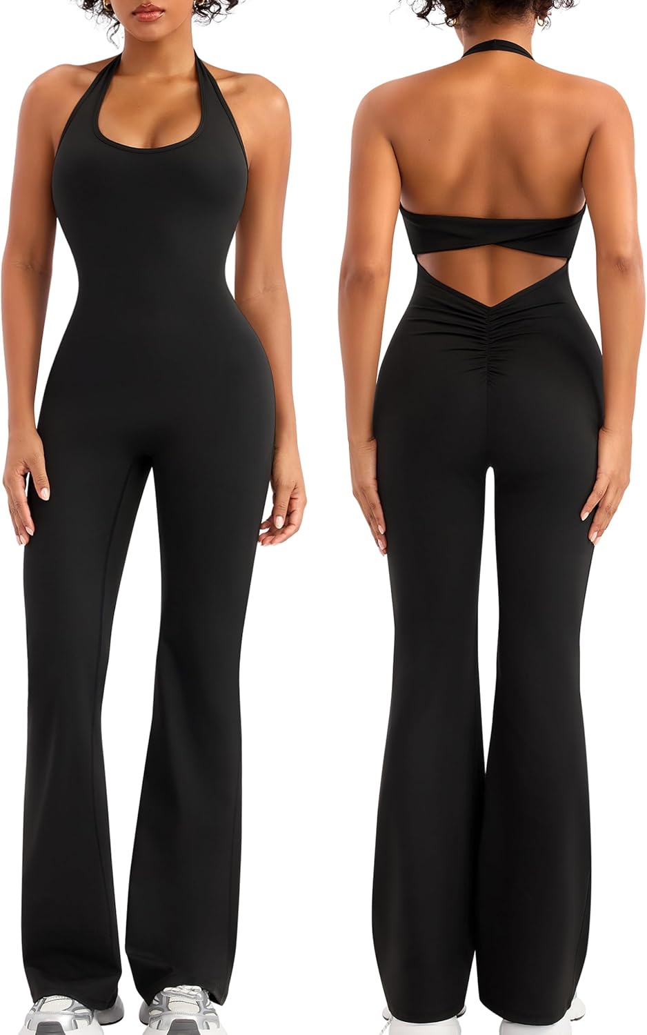Relety Womens Flare Jumpsuits One Piece Halter Neck Twist Back Sleeveless Butt Scrunch Workout Romper Yoga Bodycon Unitard