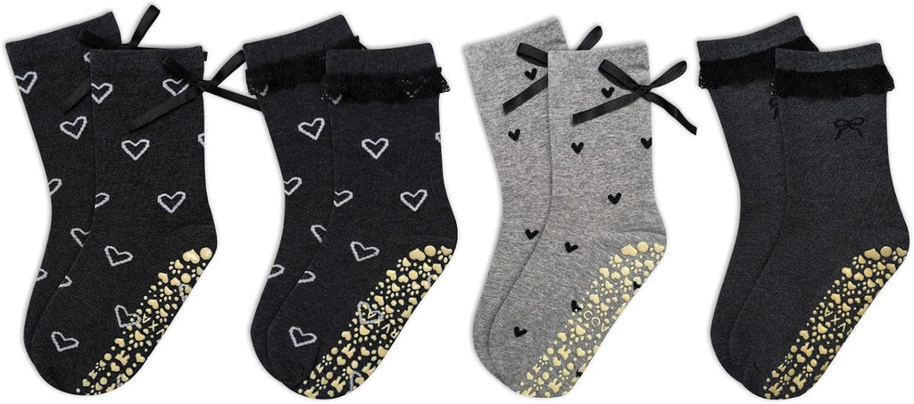 4Pairs Cute Pilates Grip Socks for Women Lace-trimmed Bow Pattern Non Slip Grip Socks for Yoga, Barre, Barefoot