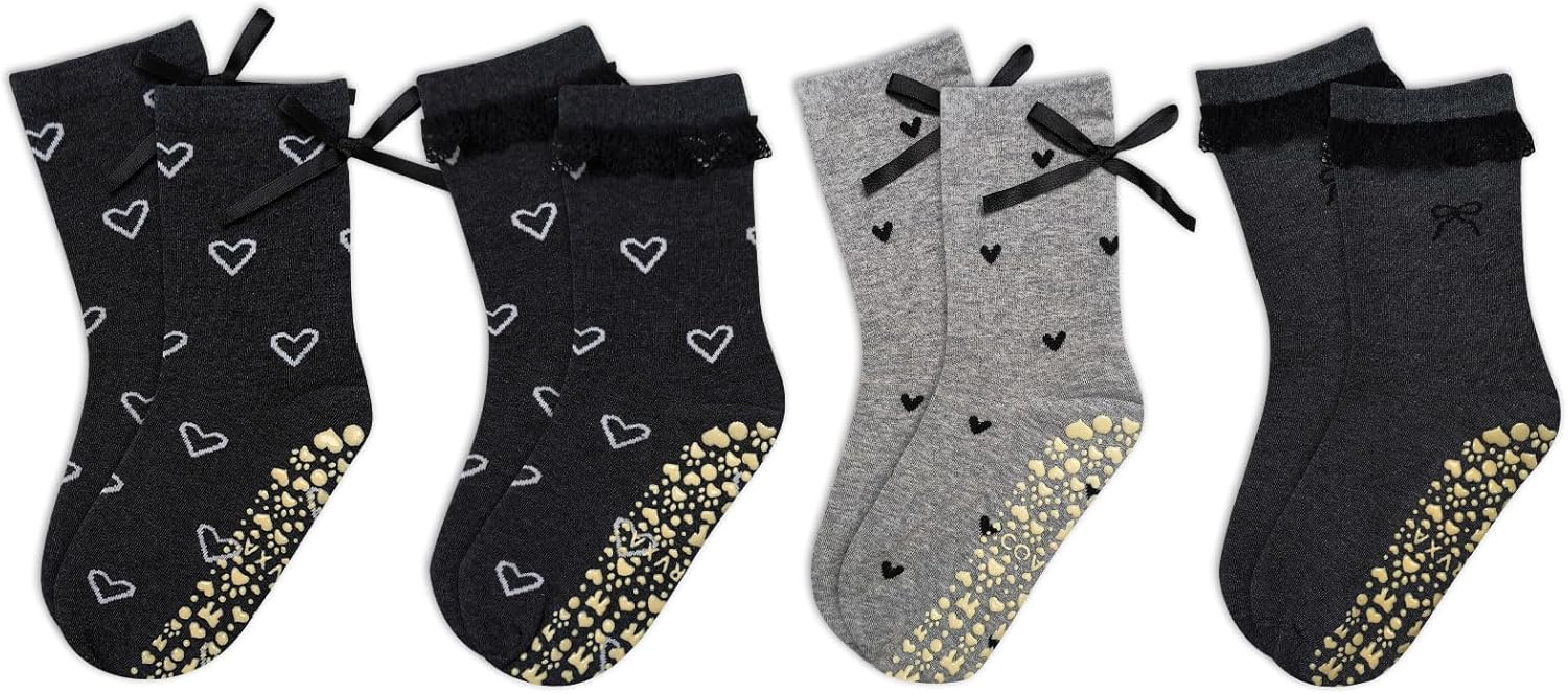 4Pairs Cute Pilates Grip Socks for Women Lace-trimmed Bow Pattern Non Slip Grip Socks for Yoga, Barre, Barefoot