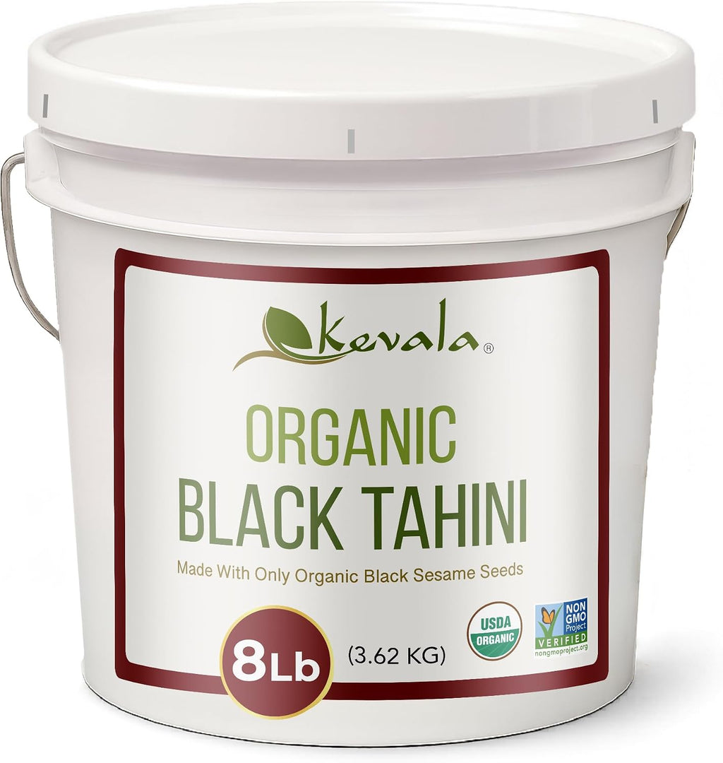 Kevala Organic Black Tahini - Gluten Free Black Sesame Paste for Sweet and Savory Food, Great to Mix with a Miso Paste, Bulk Size for a Kitchen Pantry and Restaurant Stockrooms, Bagel Spread, 8 lb