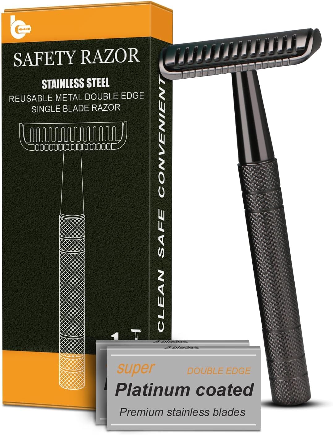 Double Edge Safety Razor for Men and Women, Stainless Steel Single Blade Metal Razor, with 10 Double Edge Blades, Smooth Close Gentle Shave, Plastic Free Zero Waste Shaving, Black