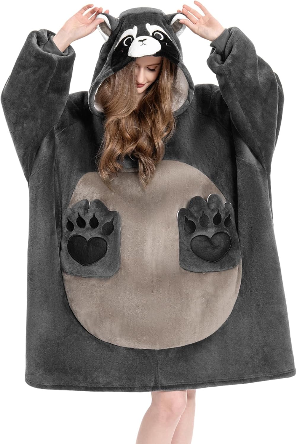 OLAOLA Raccoon Wearable Blanket Hoodie for Adults Oversized Animal Hooded Blanket Throw Comfy Women Men Sherpa Fleece Sweater Sweatshirt Hoodies with Pockets & Sleeves for Birthday Gifts
