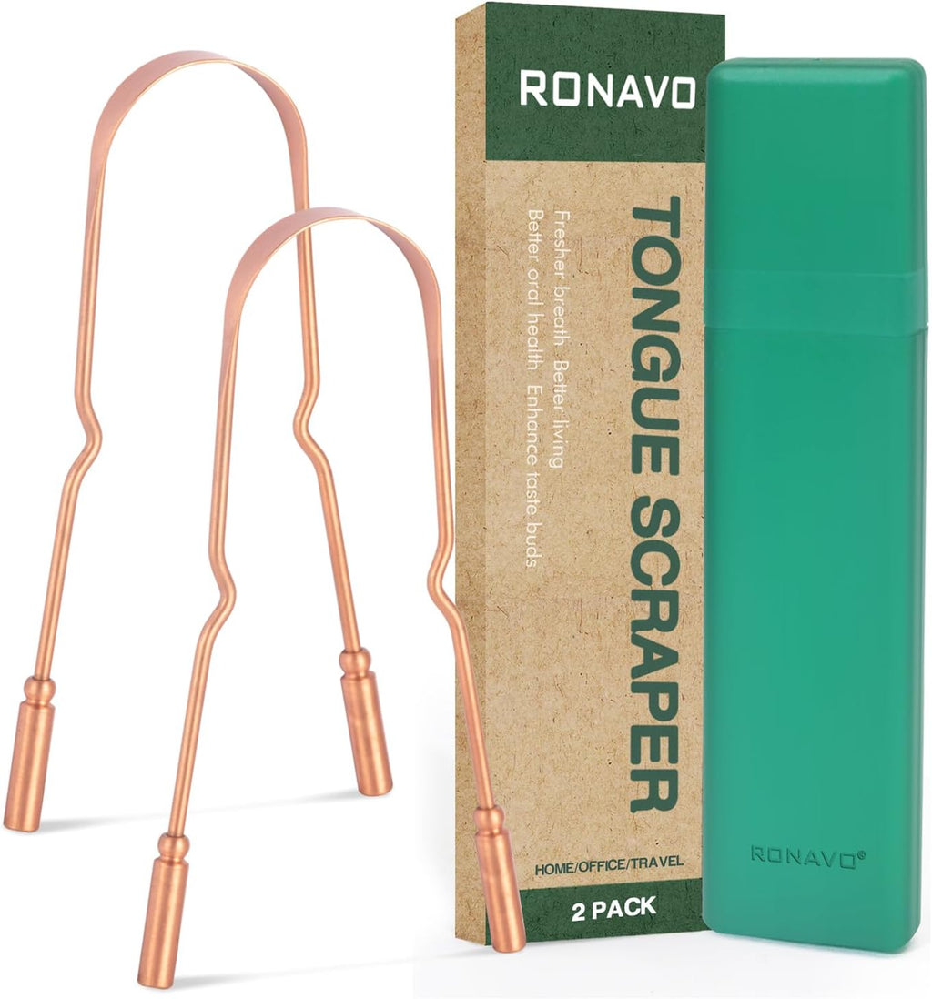 RONAVO Copper Tongue Scraper for Adults (2 Pack), 100% Pure Copper, Naturally Anti-Microbial, Banishes Bad Breath and Maintains Oral Hygiene, Tongue Cleaner with Travel Case, Easy to Use and Clean